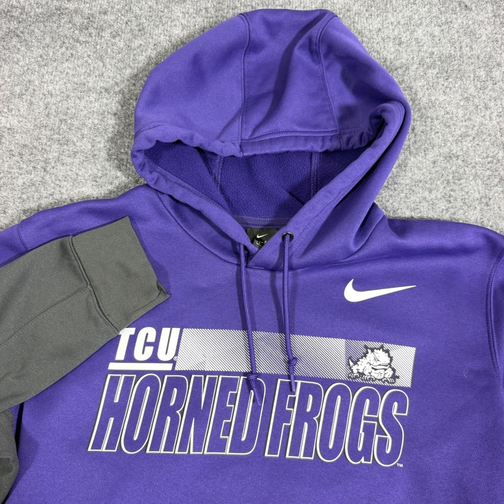 Nike TCU Horned Frogs Dri-Fit Hoodie Pullover Mens Large Purple Gray Poly EUC